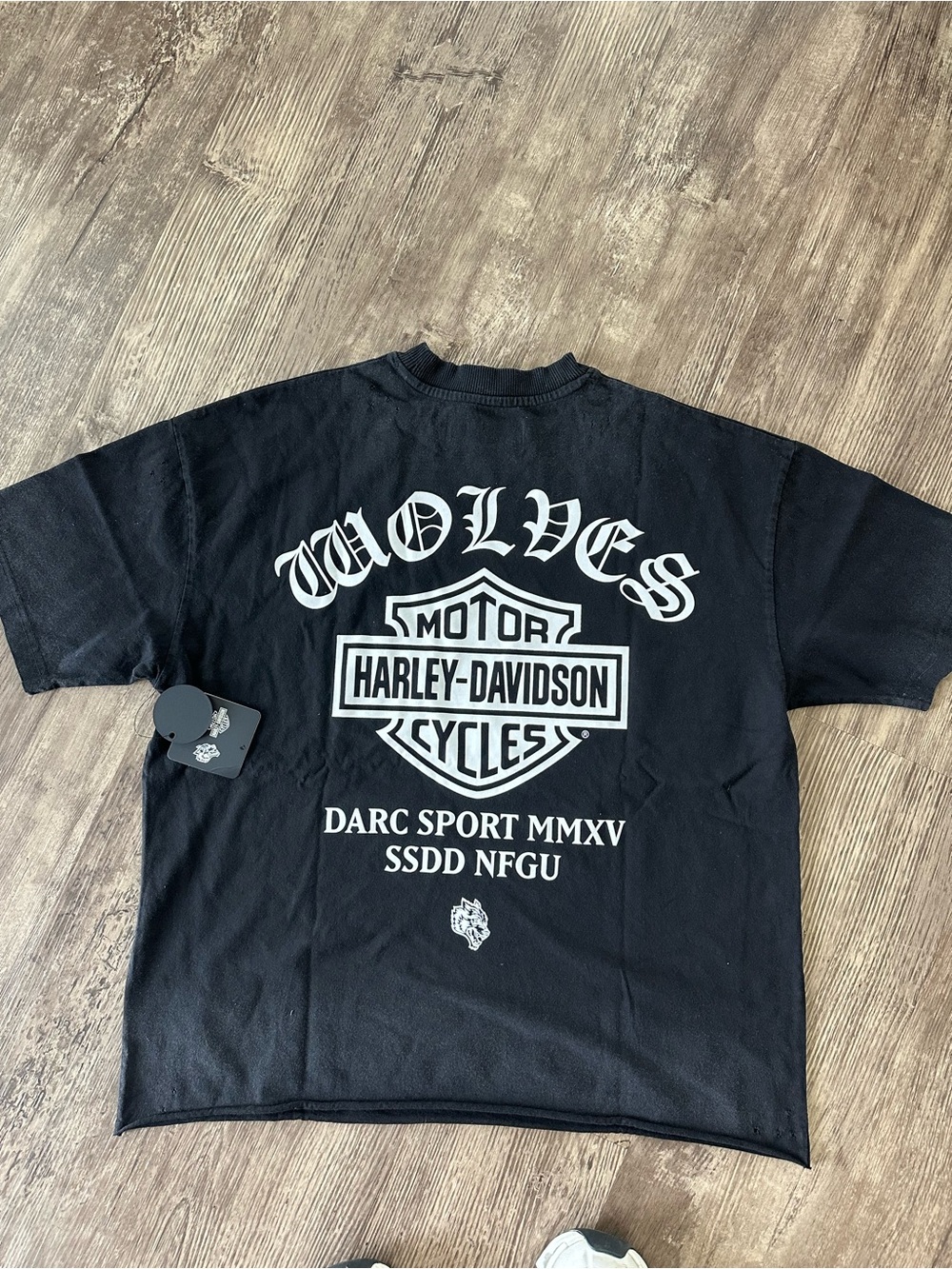 Darc Sport Black Short Sleeve Tee with White Harley-Style Wolves Graphic